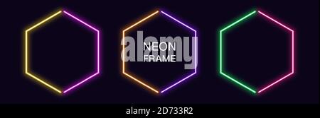 Neon hexagon Frame. Set of hexagonal neon Border in 2 outline parts. Geometric shape with copy space, futuristic glowing element for social media stor Stock Vector