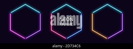 Neon hexagon Frame. Set of hexagonal neon Border in 3 angular parts. Geometric shape with copy space, futuristic glowing element for social media stor Stock Vector