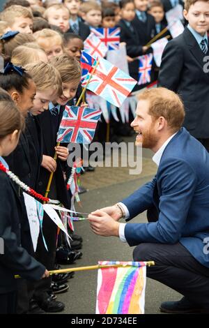 The Duke of Sussex meets schoolchildren at a Queen's commonwealth canopy and woodland tree planting, at St Vincentâ€™s Catholic Primary School in west London. Picture date: Wednesday March 20, 2019. Photo credit should read: Matt Crossick/Empics Stock Photo