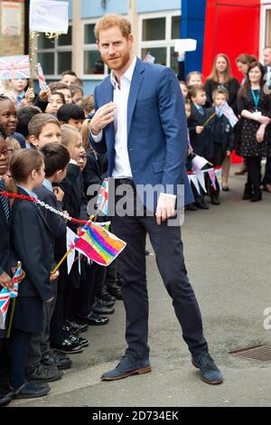 The Duke of Sussex meets schoolchildren after a Queen's commonwealth canopy and woodland tree planting, at St Vincentâ€™s Catholic Primary School in west London. Picture date: Wednesday March 20, 2019. Photo credit should read: Matt Crossick/Empics Stock Photo