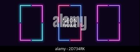 Neon rectangle Frame. Set of rectangular neon Border in 4 angular parts. Geometric shape with copy space, futuristic glowing element for social media Stock Vector