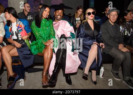 Maya Jama, Billy Porter and Christina Aguilera on the front row during the Christopher Kane catwalk show during Spring/Summer 2020 London Fashion Week, at Hawley Wharf, London. Picture date: Monday September 16, 2019. Photo credit should read: Matt Crossick/Empics Stock Photo