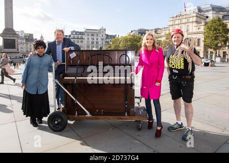 Tim Lihoreau with fellow Classic FM presenters Moira Stuart, Alan Titchmarsh and Charlotte Hawkins in Trafalgar Square, as he starts his challenge of pulling an upright piano 5 miles through central London to raise money for Globalâ€™s Make Some Noise. Picture date: Tuesday October 8, 2019. Photo credit should read: Matt Crossick/Empics Stock Photo