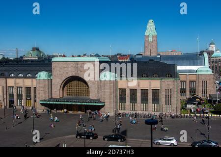 FINLAND, HELSINKI, JUL 02 2017, Main train station at Helsinki (Helsingin Rautatieasema), Finland. Outside the Helsinki Central Railway Station. Stock Photo