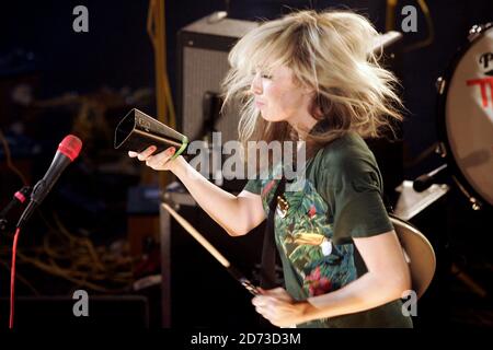 Katie White of the Ting Tings performing at the recording of Channel 4's T-Mobile Transmission, (TX: July 25th 2008) at the Ram Brewery in Wandsworth, London. Stock Photo