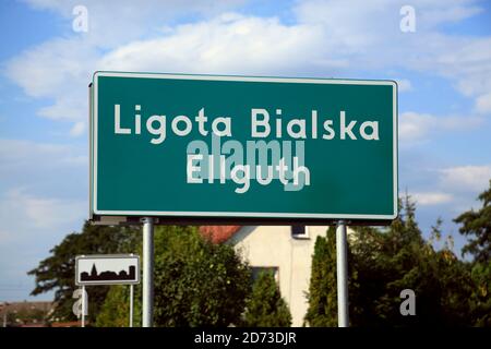Village sign in Ellgurh (Ligota Bialska), Silesia,  Poland, Europe Stock Photo