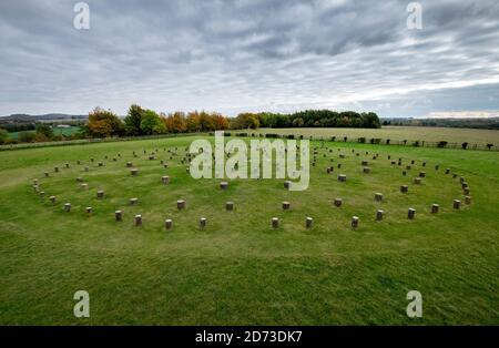 Aerial view of Woodhenge, a Neolithic site in Wiltshire, UK Stock Photo