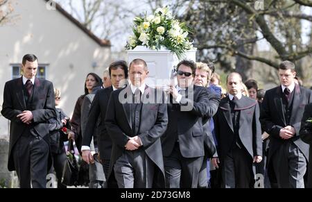 Jade Goody's coffin is carried into the church of St John the Baptist in Buckhurst Hill, Essex, for her funeral service. Stock Photo