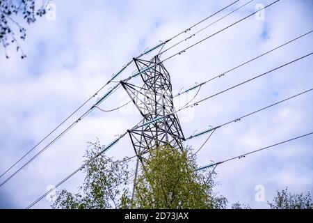 Autumnal woodland landscape: Electricity pylons in the natural landscape. The New Forest, Hampshire UK. Stock Photo