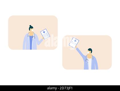 An illustration of close communication at a distance. A man and a woman holding tablets in their hands talking on video communication Stock Vector