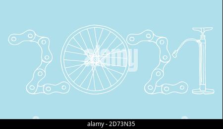 2021 Bicycle Happy New Year vector card illustration on baby blue background Stock Vector