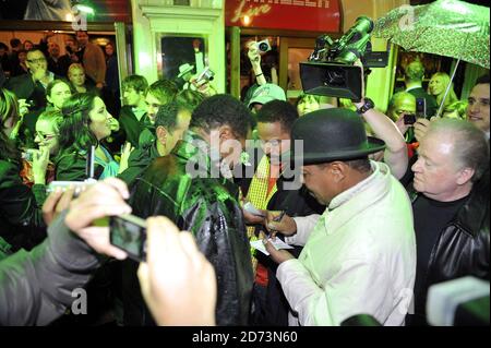 Jackie, Marlon and Tito Jackson arrive at the Lyric Theatre in central London, to attend a performance of the musical Thriller, based on Michael Jackson's life. Stock Photo