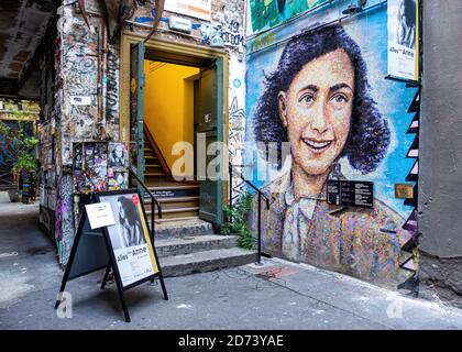 Portrait of Anne Frank by artist James Cochrane outside museum at Haus Schwarzenberg art & culture venue, 39 Rosenthaler Strasse, Mitte, Berlin.
