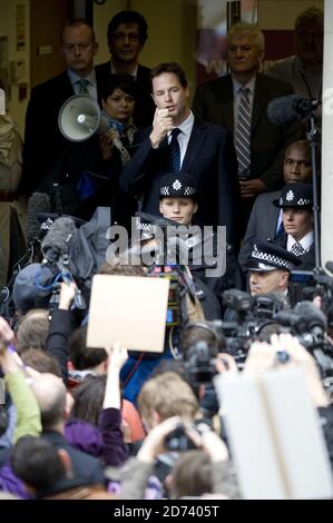 Nick Clegg speaks to electoral reform demonstrators gathered in Smith Square in Westminster, outside the Liberal Democrats meeting at the LGA building. Picture date: 8 May 2010. M Crossick/EMPICS Stock Photo