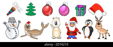 Christmas characters set isolated on white background.Collection of christmas animals, snowman, Santa Claus, bear, deer, penguin and seal.Stock vector Stock Vector