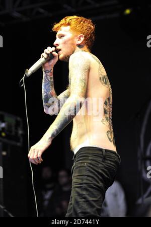 Frank Carter of Gallows performing at the Leeds Festival, as the band take to the stage for a secret set under the name 'Rats', in Bramham Park in West Yorkshire.  Stock Photo