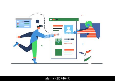 A guy and a girl fill out forms on a virtual screen Stock Vector