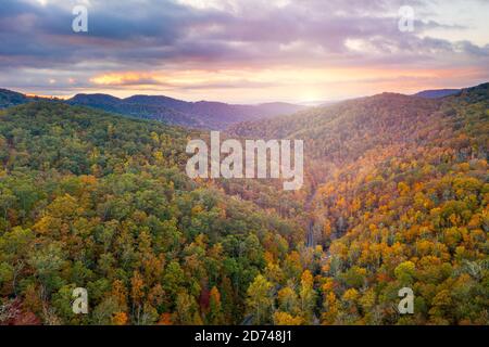 Pisgah National Forest, North Carolina, USA during an autumn morning flyover. Stock Photo
