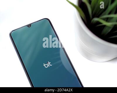 Lod, Israel - July 8, 2020: Bit app launch screen with logo on a white background. Close up top view flat lay. Stock Photo
