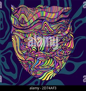 Psychedelic trippy bright anthropomorphic face shaman, consisting of many patterns in the form of ammonites, isolated on dark blue background of Stock Vector