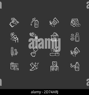 First aid kit chalk white icons set on black background Stock Vector