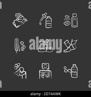 First aid chalk white icons set on black background Stock Vector