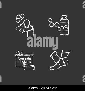 Emergency medication chalk white icons set on black background Stock Vector