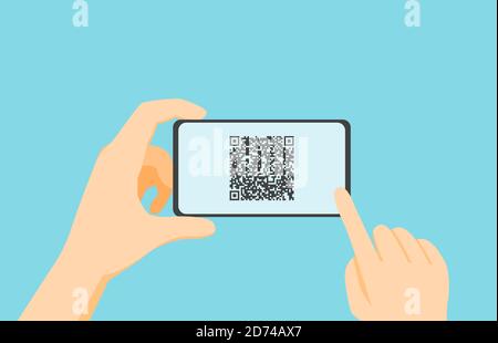 QR Illustration code scan, hands hold the phone with the code on the screen. Can be used for a web site, as a landing page Stock Vector