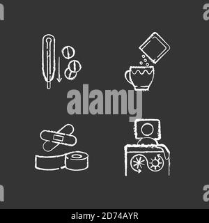 First aid medication chalk white icons set on black background Stock Vector