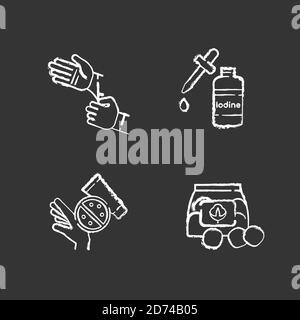 Medical equipment chalk white icons set on black background Stock Vector