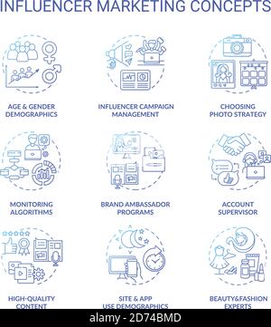 Influencer marketing concept icons set Stock Vector
