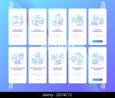 Social media demographics onboarding mobile app page screen with concepts set Stock Vector