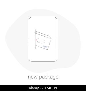 Flat line icon quick delivery service concept, parcel delivery. Happy cute parcel on the phone. Template for e-commerce. Stock Vector