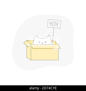 Cat sits in a box with a 404 sign. Page or file not found, connection error. Stock Vector