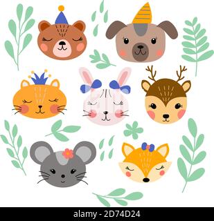 Image with a set of cute animal faces and leaves on a white background, in vector graphics. For decoration, prints for children clothing, notebook Stock Vector