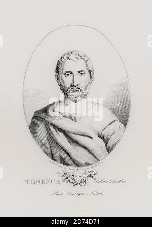Publius Terentius Afer c. 195/185 to 159 BC. Ancient Roman playwright. Known in English as Terence.  After a 19th century engraving by Philibert Boutrois from a bust in the Vatican. Stock Photo