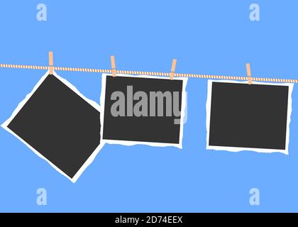 Torn photos hanging on a rope with clothespins on a blue background Stock Vector