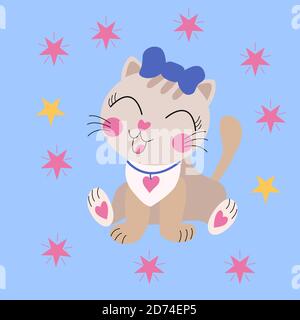 Vector image of cute cartoon kitten with a blue bow, on a blue background. For the design covers, prints for t-shirts, children clothing, textiles Stock Vector