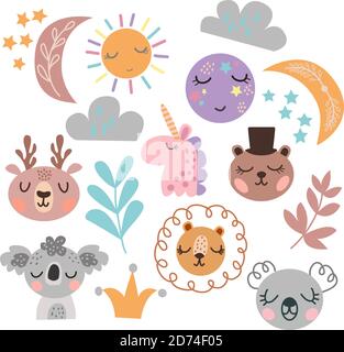 Image with a set cute faces of animals, moon, sun, clouds on a white background, in vector graphics. For design, prints for children clothings Stock Vector