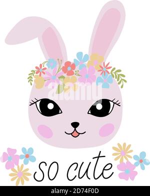 Vector image of a cute cartoon bunny with a wreath of delicate flowers and inscription - so cute - on a white background. For the design of postcards Stock Vector