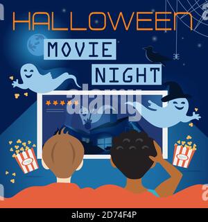 Halloween Movie Night Illustration, Site Cover. Children watch scary video on TV, ghosts, pumpkin, raven, haunted house and full moon. Flyer, invitati Stock Vector