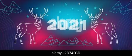 2021 Happy New Year and Merry Christmas facebook site Cover with Deer, mountains. Wavy, geometric background, modern gradient, curved shape Stock Vector