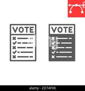 Ballot paper line and glyph icon, election and checklist, voting paper sign vector graphics, editable stroke linear icon, eps 10. Stock Vector