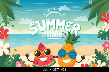 Summer time card with fruits character, beach landscape, lettering and floral frame. Vector illustration in flat style Stock Vector