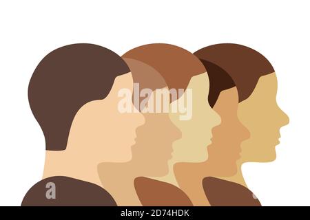 Caucasian (white) ethnicity people illustration. Human heads profiles in a row showing diversity and unity. Line art vector. Stock Vector