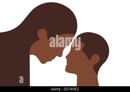 African mother and child face to face looking to each other. Simple shapes line art illustration. Vector. Stock Vector