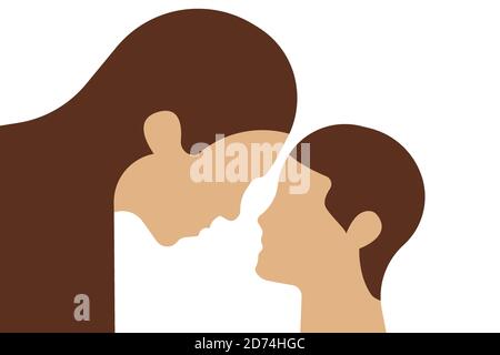 Caucasian mother and child face to face looking to each other. Simple shapes line art illustration. Stock Vector