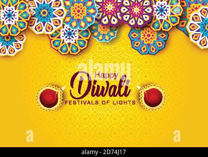 Happy Diwali celebration background. Top view of banner design decorated with illuminated oil lamps on patterned yellow background. vector illustratio Stock Vector