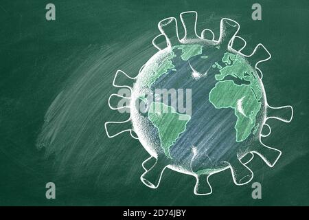 School globe in shape of coronavirus  are drawn with chalk on a blackboard. Covid-19 concept. Back to School concept. Travel concept. Stock Photo