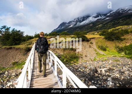 Hiking in Torres del Paine National Park (Parque Nacional Torres del Paine), Patagonia, Chile Stock Photo